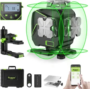 Huepar 4D Cross-Line Laser Level, 4x360° Green Self-Leveling Laser Tool with LCD Screen, Bluetooth Connectivity, Outdoor Pulse Mode, Remote Control, Li-ion/4 AA Battery Compatibility for Construction