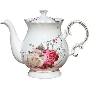 European Style Ceramic Flower Teapot Coffee Pot Water Pot Porcelain  Large 5.5 Cups (1, Rose)