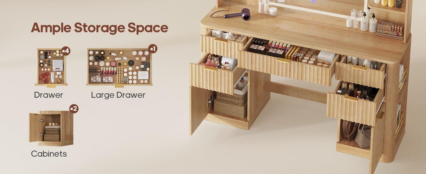 Sikaic 51.2" Fluted Makeup Vanity Desk with Large 30.3" Mirror and Lights, 5 Drawer Vanity with Power Strip, 6 Open Shelves, 2 Cabinets, Modern Dressing Table with Solid Wood Legs for Bedroom, Oak summergarden