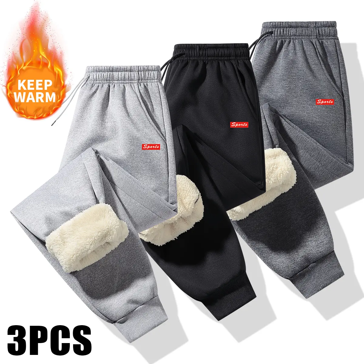 Men's Sherpa-Lined Sweatpants, 3-Pack Solid Color Thick Fleece, Sporty Chic Regular-Fit Style for Winter Warmth, M