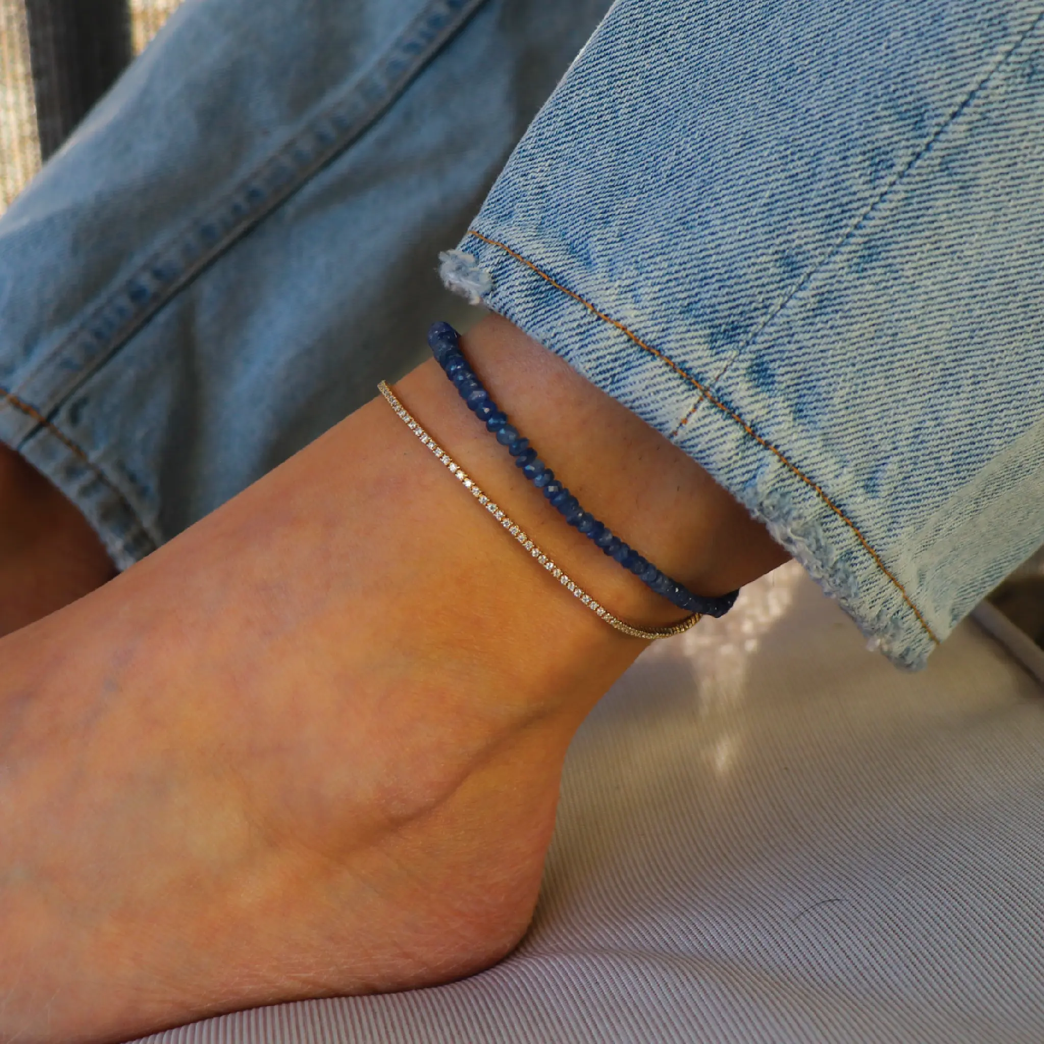 Natural Blue Sapphire Tiny Beaded Crystals Ankle Bracelet - Minimalist, Stacking Birthstone Beach Foot Jewelry