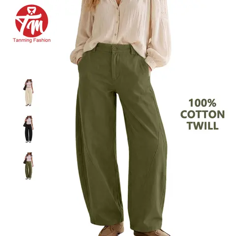 Tanming Womens Contton Twill Baggy Pants Barrel Chino Trousers Relaxed Fit High Waisted Architectural Seaming Casual Loose Bottoms Daily Casual Commute Office School Shopping Outdoor Travel Streetwear Outfits