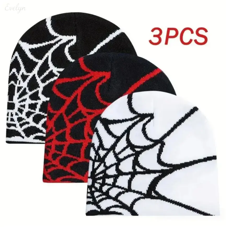 3‑Pack Spider Web Pattern Knit Beanie Hats, Y2K Streetwear Skull Caps, Soft Warm Winter Outdoor Headwear for Daily & Sports