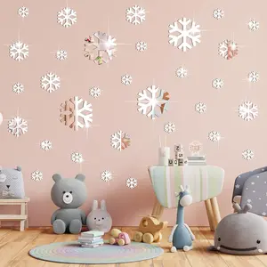 30 Pieces Winter Snowflakes Stickers Acrylic 3D Mirror Wall Sticker Decal Adhesive Removable Snowflakes Wall Decor for Winter Theme DIY Supplies(Silver)