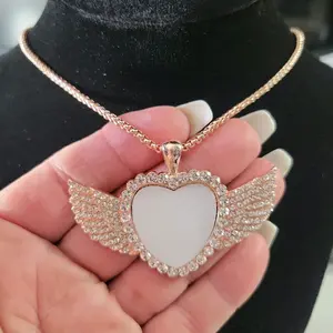 Personalized Heart Wing Necklaces - Unisex Heart Shape Pendant with Rhinestone Wing Design, Aluminum Chain, 2.5 cm Diameter, Lightweight & Durable