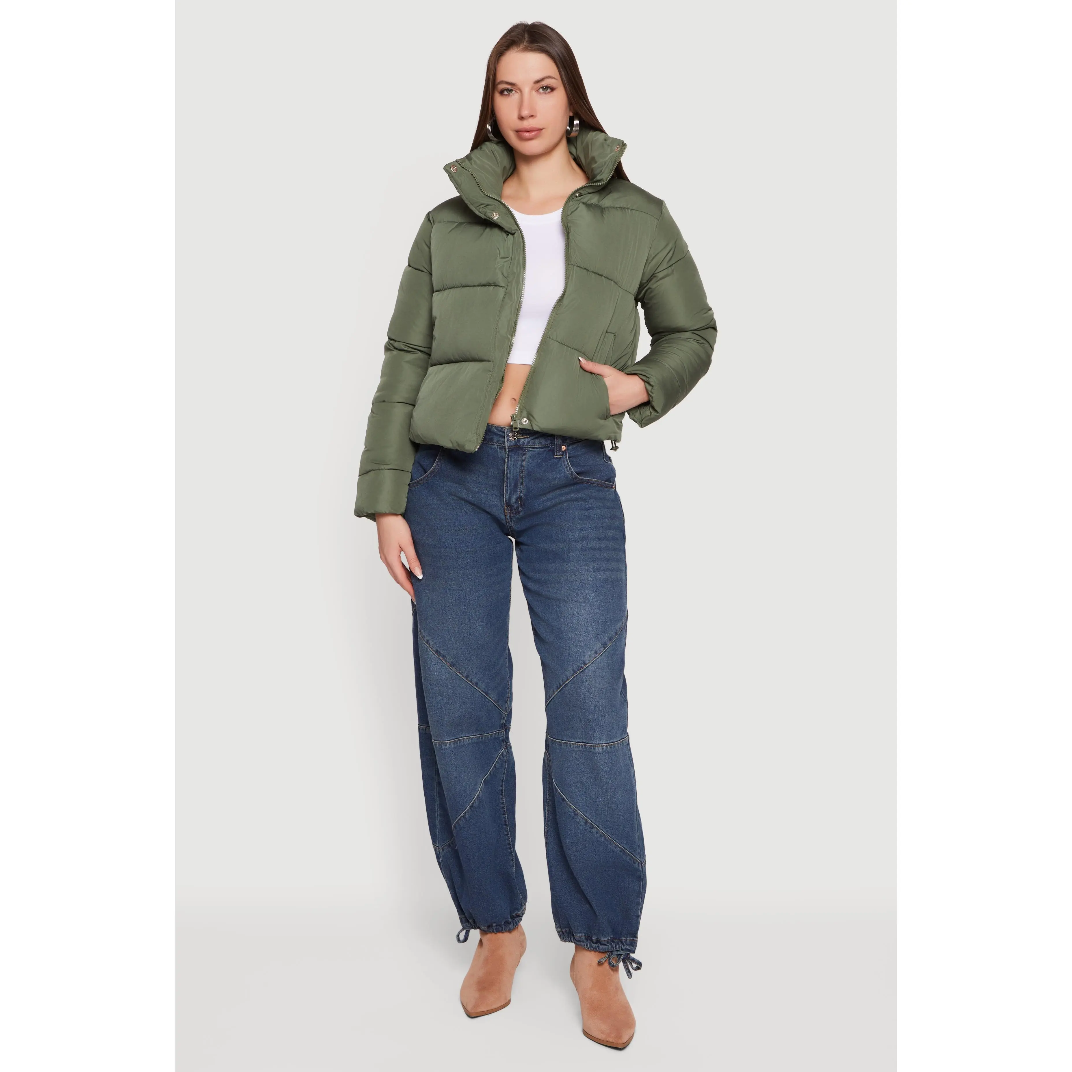 Almost Famous Mock Neck Zip Front Puffer Jacket