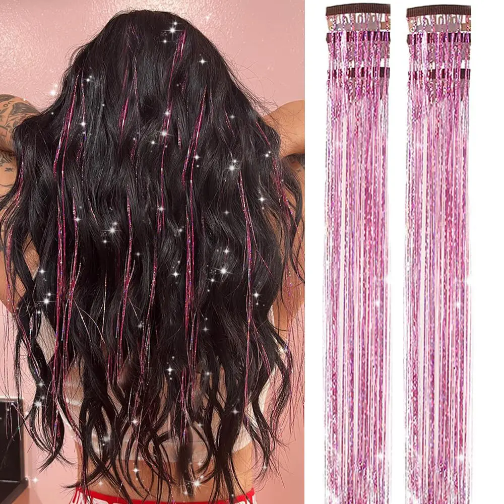 Clip in Hair Tinsel, Pack of 6 Pcs 24 Inch,Glitter Tinsel Hair Extensions 24 Inches, Festival Tinsel Fairy Hair Extension Party Dazzle Hair Accessories Strands Kit for Women Girls Kids
