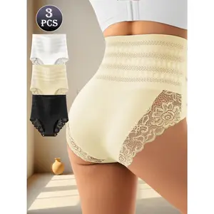 QUASTI 3 PCS High Waisted Tummy Control Hip Lifting Panties, Seamless Sexy Lace Breathable Mix Colors Underwear, Elegant High-elastic Basic Fit Briefs, S-XXL