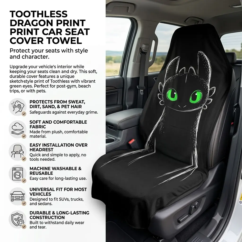 Toothless Dragon Car Seat Cover Towel – Cute Dragon Graphic Automotive Seat Protector, Soft Reusable Bucket Seat Cover for Cars, SUVs & Trucks, Sweat Resistant Travel Seat Towel for Gym, Beach & Outdoor Activities