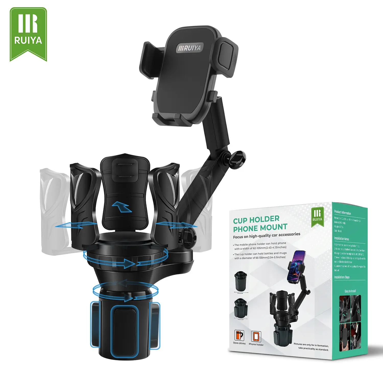 RUIYA Car Cup & Phone Holder Adjustable for Bottles & Smartphones 360 Degree Rotation with Secure Mount & Supplier Warranty, Cell Phone Car Mount, Car Holder