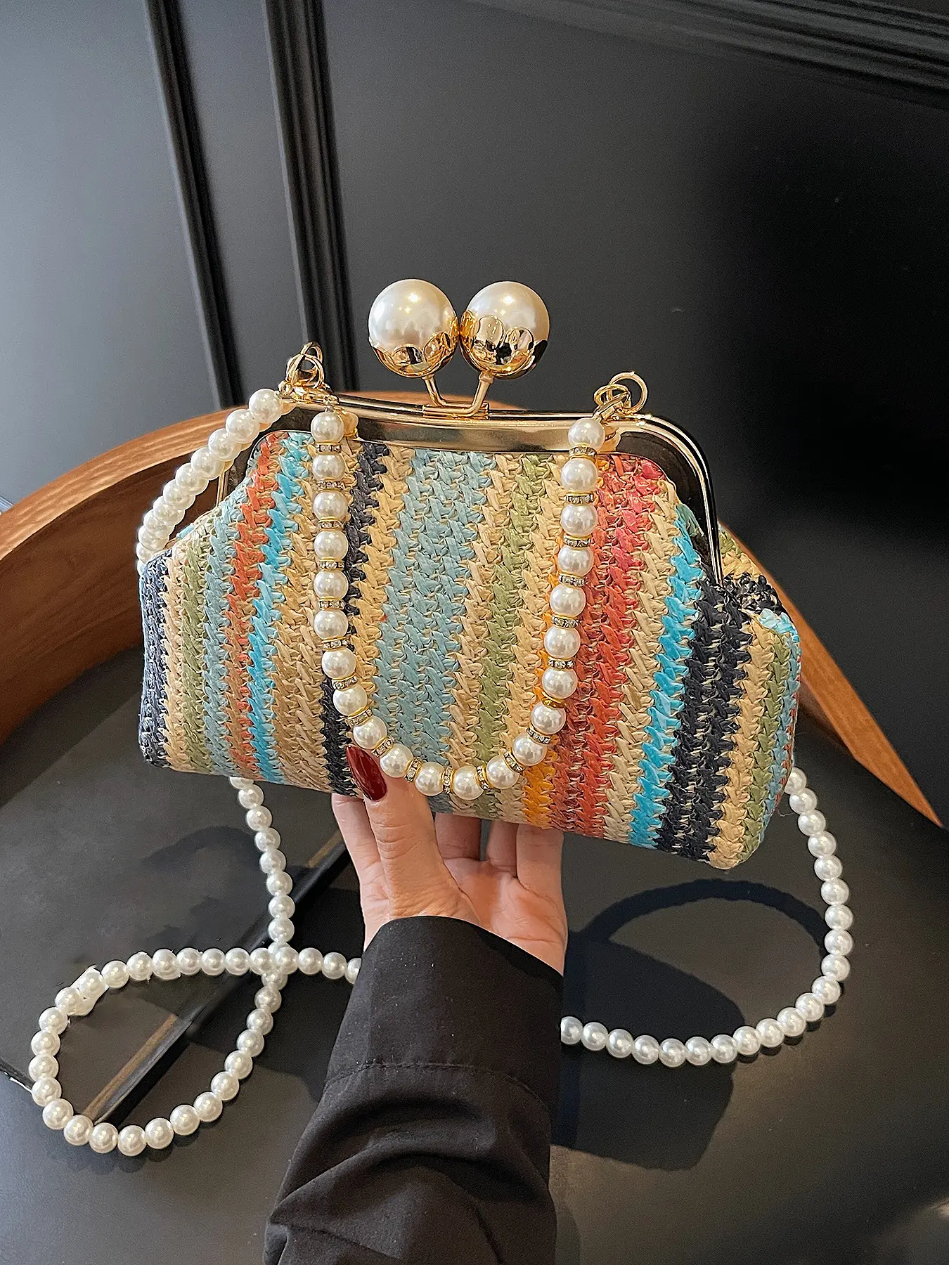 Colorful striped woven bag, pearl bracelet, exquisite mini women's bag, a must-have small bag, suitable for dinner parties, afternoon tea, Chic crossbody purse, Crossbody Clutch Purse, Casual trendy purses