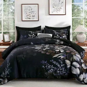 Black Comforter Set  Size 7 count Bed in a Bag, Botanical Floral Print Bed Sets, Elegant Flower Comforter with Sheet Set, Soft Microfiber Bedding Set for  Season (Black, 90"x90")