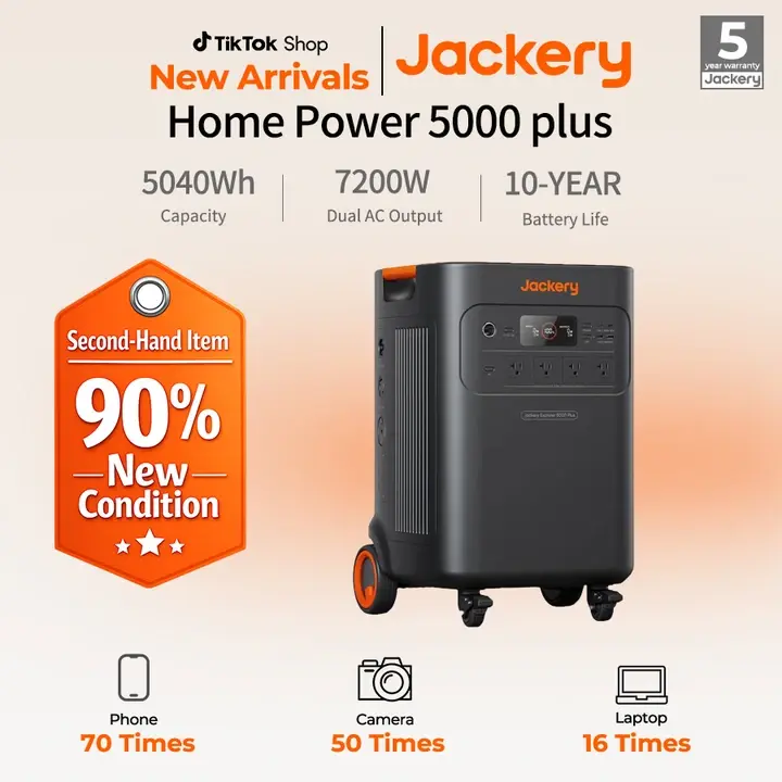 [Second-hand item in 90% new condition] Jackery Solar Generator 5000 Plus Portable Power Station, 5040Wh LiFePO4, 7200W 120V/240V AC Output, Expandable to 60kWh, Essential Home Backup for Power Outages