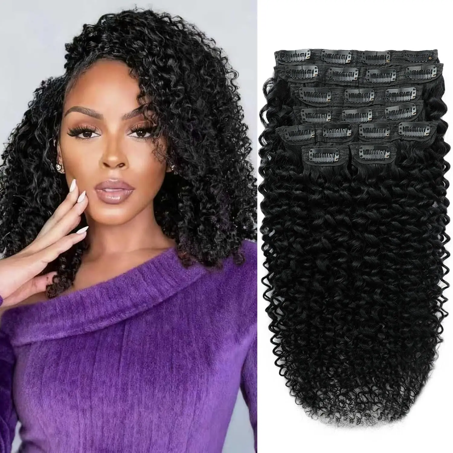 Curly Clip in Hair Extensions for Women Brazilian Virgin Human Hair Clip in Extensions Kinky Curly Clip ins Human Hair 8Pcs 100g Natural Black/#4 Chocolate Brown/P427 Highlight Brown
