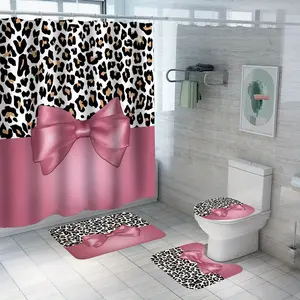 Leopard Print Bathroom Accessories, 4 Counts/set Including Shower Curtain & Toilet Lid Cover & Rectangular Mat & U-shaped Mat, Bathroom Decor Supplies