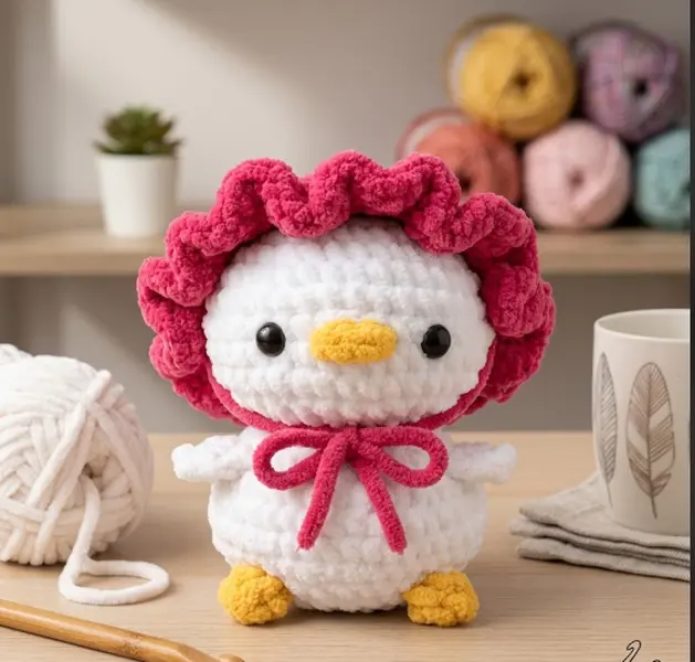 Cute Handmade Crochet Chicken Plush Toy – Adorable Amigurumi Chick with Red Ruffle Bonnet, Soft Knitted Stuffed Animal for Baby Shower, Easter, and Nursery Decor