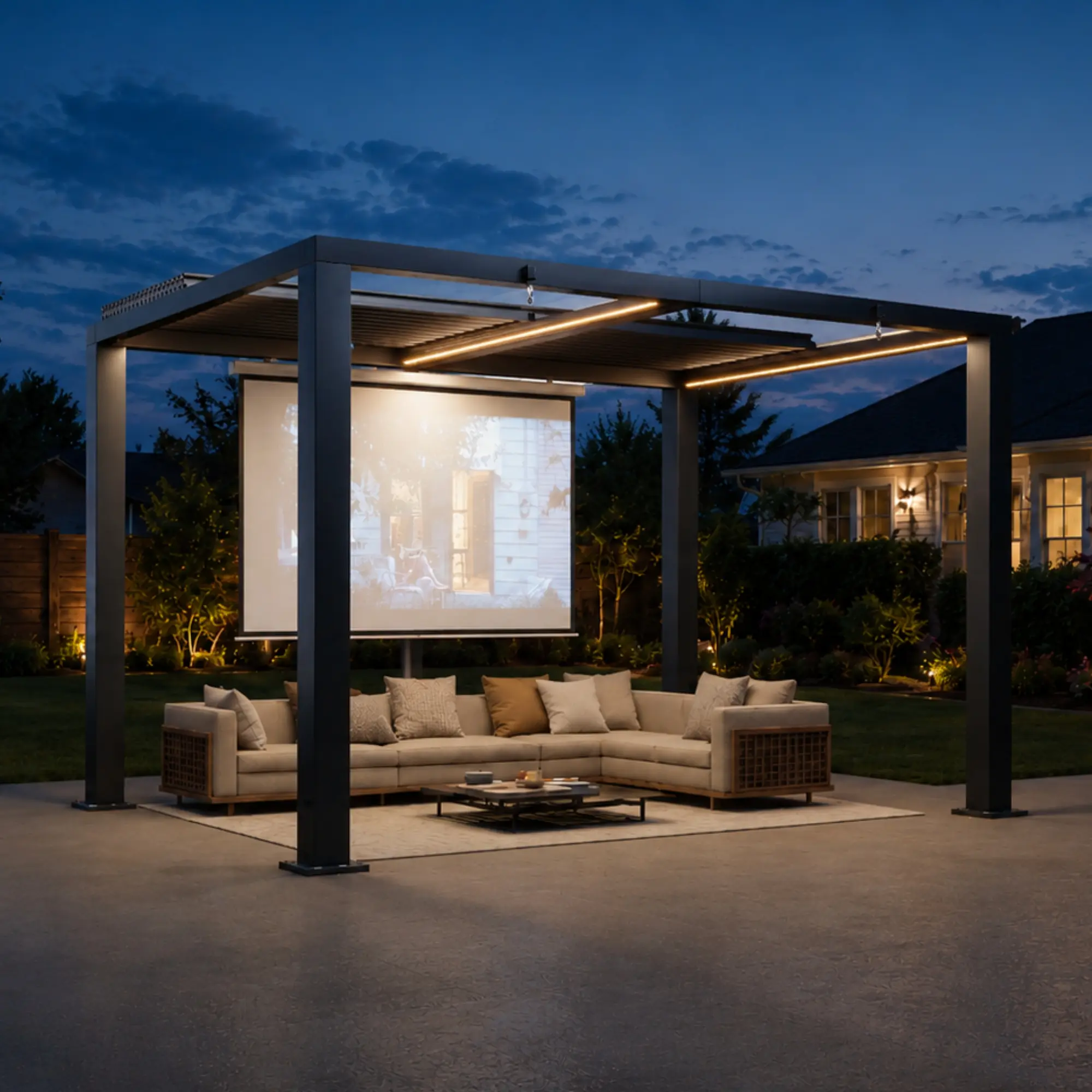 Aoxun Sturdy Aluminum Motorized Louvered Pergola 9'x12' - Electric Retractable Outdoor Shade Deck Sun Ventilated Canopy, 2 Independent Adjustable Roofs, Built-in LED Light, Power Strip, 5.75" Center Beam, Corrosion-Resistant Frame for Patio, Backyard, Out