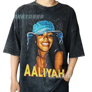 Aaliyah Men's Round Neck Short-Sleeve Casual Streetwear Graphic T-Shirt - Vintage 90s RnB Queen Music Artist Large Face Rap Hiphop Menswear Top