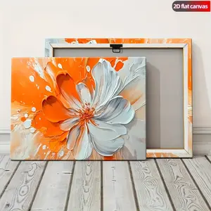 [2D Flat] 1pc Modern Abstract Orange & White Floral Framed Canvas Wall Art - Vibrant Orange Flower Painting with Wooden Frame, High-Definition Wrapped Canvas Print for Living Room, Bedroom, Office, Kitchen Decor