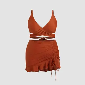 Cider V-neck Solid Criss Cross Cheeky Bikini Set With Drawstring Cover Up Skirt Curve & Plus