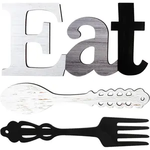 3Pcs Eat Sign, Fork and Spoon Wall Decor, Rustic Wood Decoration, Cute Eat Letters for Kitchen and Home, Decorative Hanging Wooden Letters, Country Wall Art for Room(Stylish Colors) Set