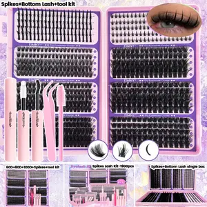 800pcs Lash Clusters for Eyelash Extension, Includes Spiky and Bottom Lashes, 40D/60D/80D/100D Mixed-Style Volume Lash Clusters with Glue, Tweezers and Brush, D-Curl 3D Individual Wispy Eyelash, Fluffy Manga False Eyelashes for DIY at Home