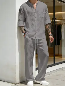Men's Linen Plain Stand Collar Long Sleeve Button Shirt & Straight Leg Belted Pants Set, Linen Sets, Casual Suit Set, Casual Business Leisure Style, Fashionable Men's Clothing