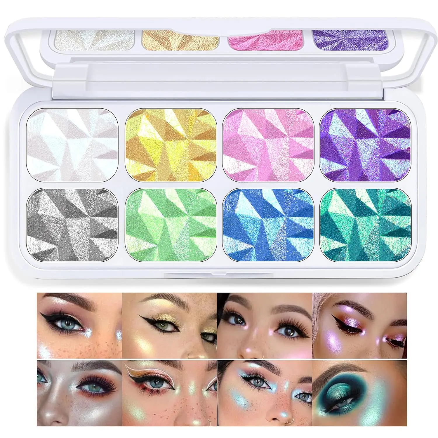 Face Highlighter Makeup Palette Diamond Glitter iluminadores de maquillaje, Intense-Color Chameleon Eyeshadow Rainbow Shimmer Highlighter Metallic Contour Bronzer Palette