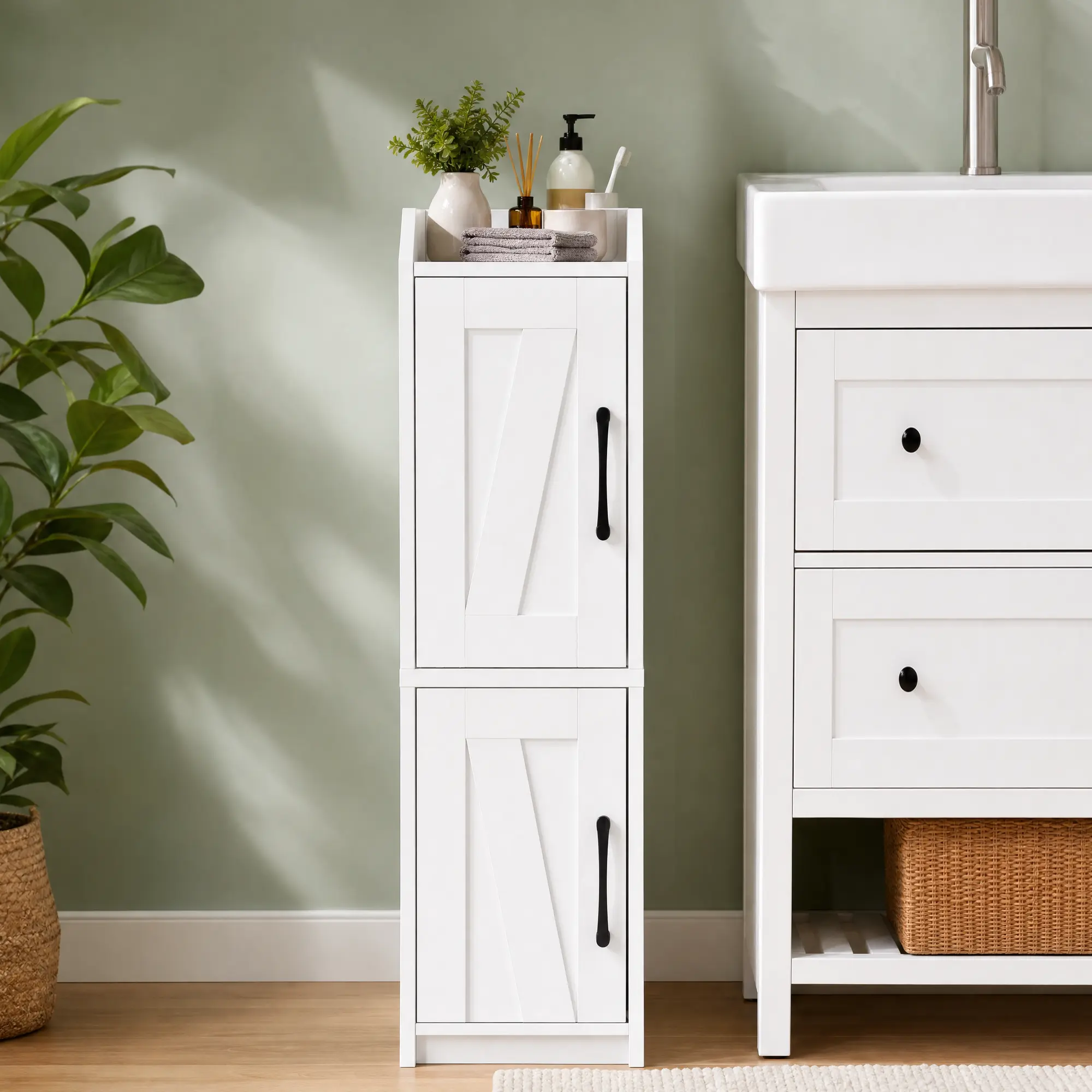 Hzuaneri Bathroom Storage Cabinet - Narrow Floor Unit with Door, Adjustable Shelves, Paper Holder, Corner Shelves for Corner Cabinet Organizing, Fits 7.9" Spaces, 13 lb Small Organizer for Compact Bathrooms, Small 13 Lb Cabinet