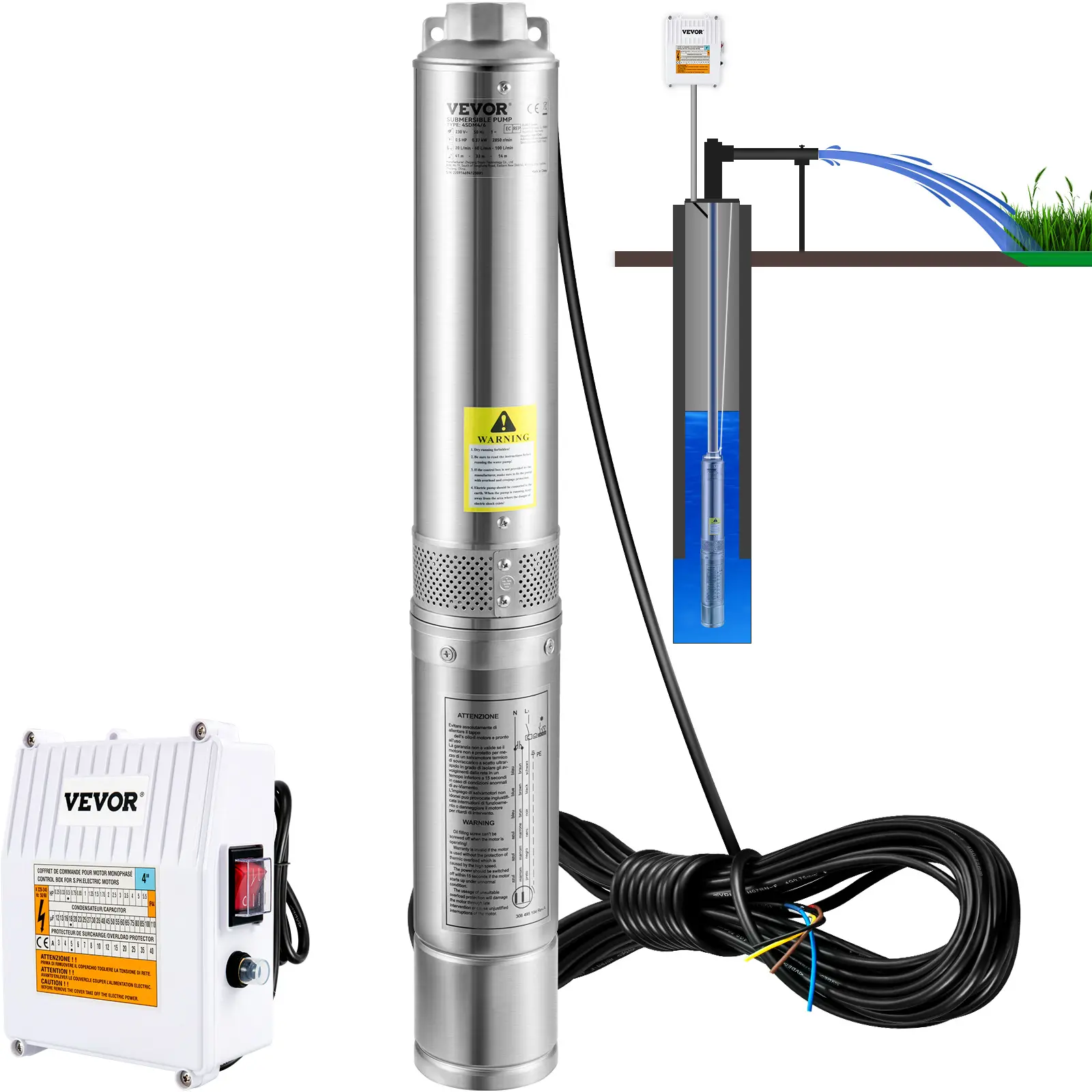 【Summerfinds】VEVOR 4-Inch High Power Deep Well Submersible Pump, 3HP, 230V/60Hz, 37GPM, 640ft Head, 33ft Cord, External Control Box, Copper Motor, Stainless Steel Frame, IP68 Waterproof, Overload Safe for Irrigation System, Industrial Use