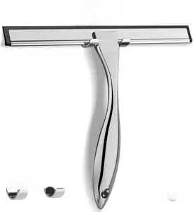 All-Purpose Stainless Steel Shower Squeegee for Shower Glass Door with 2 Adhesive Hooks, Bathroom Cleaner Tool Household Window Mirror Squeegee , Cleaning Tile Wall, Car, 10 Inch Silver Comfortable Kitchen Silicon Silicone Smooth Soap