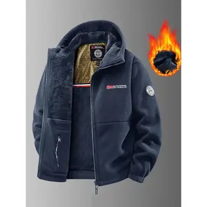 Men's Heavyweight Double-Sided Fleece Jacket with Full-Zip Closure & Hood Thick Winter Warm Coat Multi-Pocket Design Machine Washable Polyester for Camping Hiking Outdoor Activities Durable Casual Outerwear Non-Stretch Fabric with Embroidery Detail