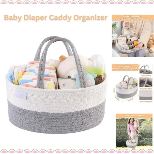 Baby Diaper Caddy Organizer – Cotton Rope Nursery Storage Basket with Removable Dividers, Baby Changing Table Organizer, Car Diaper Caddy & Baby Shower Gift