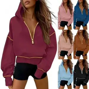 NewWomen's Fall Hooded Sweatshirts Long Sleeve Half Zip Cropped Hoodies Pullover Winter Fashion Clothes Can be used with a raincoat(Gift)Gift