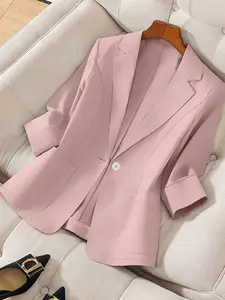Plus Size Women's Plain Thin Basic Fashion Jacket, Classic Lapel Design, Dual Pockets, Suitable for Spring Summer, Daily Commute Outdoor Wear