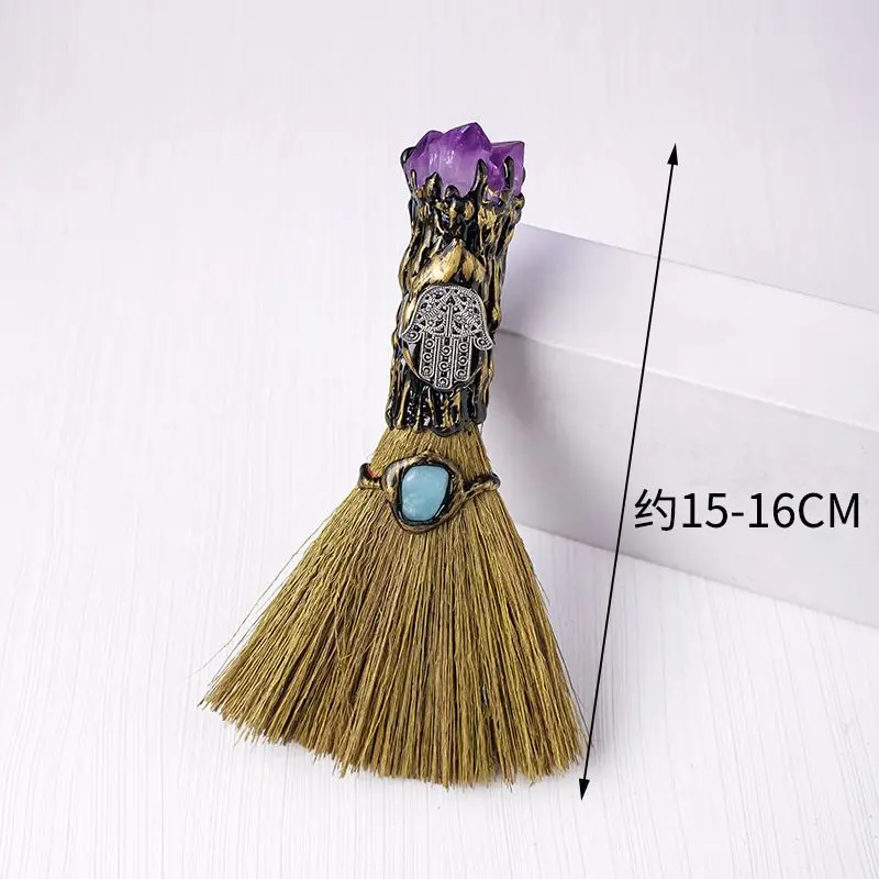 Witch Broom Halloween Prop, Vintage Wizard Decorative Broom, Natural Crystal Raw Stone Witch Broom, Home Bedroom Room Decoration Dust Cleaning Broom