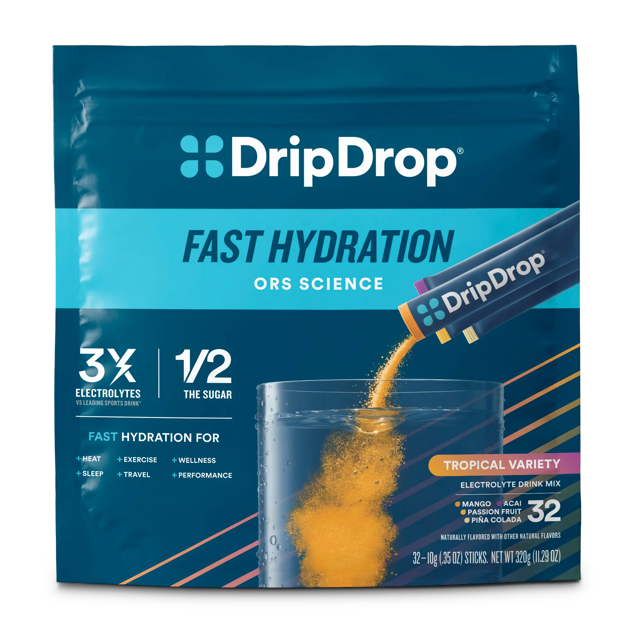 DripDrop Tropical Variety Pack Electrolyte Powder, 8 oz sticks, 32 count