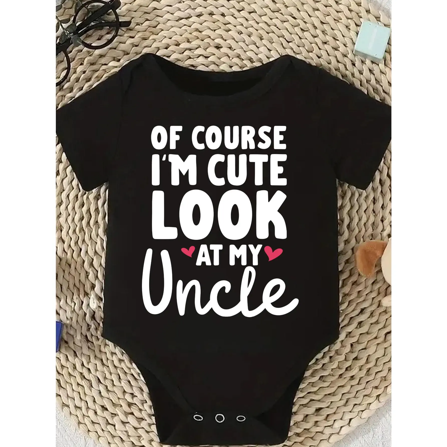 Funny Uncle Slogan Baby Bodysuit, Soft Cotton Elastane Knit, Short Sleeves Onesie with Shoulder Button and Snap Closure, Snaps, Cotton Blend, Tagless, Round Neck, Printed