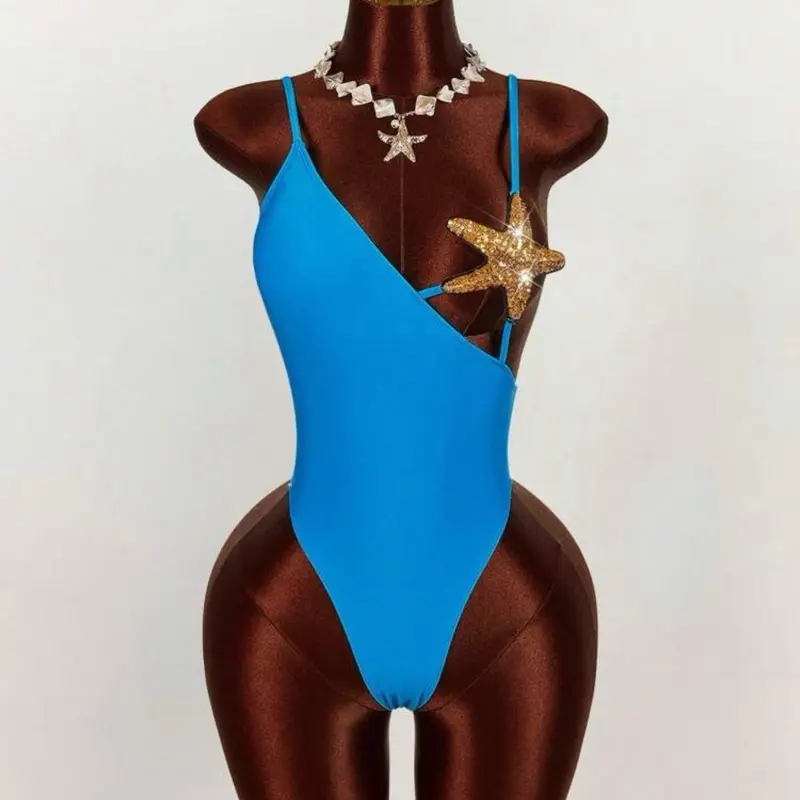 Women's Starfish Bra Splice One-Piece Swimsuit Blue Solid Color Monokini for Beach Vacation Sexy Avant-Garde Spring Clothes NO COVER UP JUST ONE PIECE ONLY