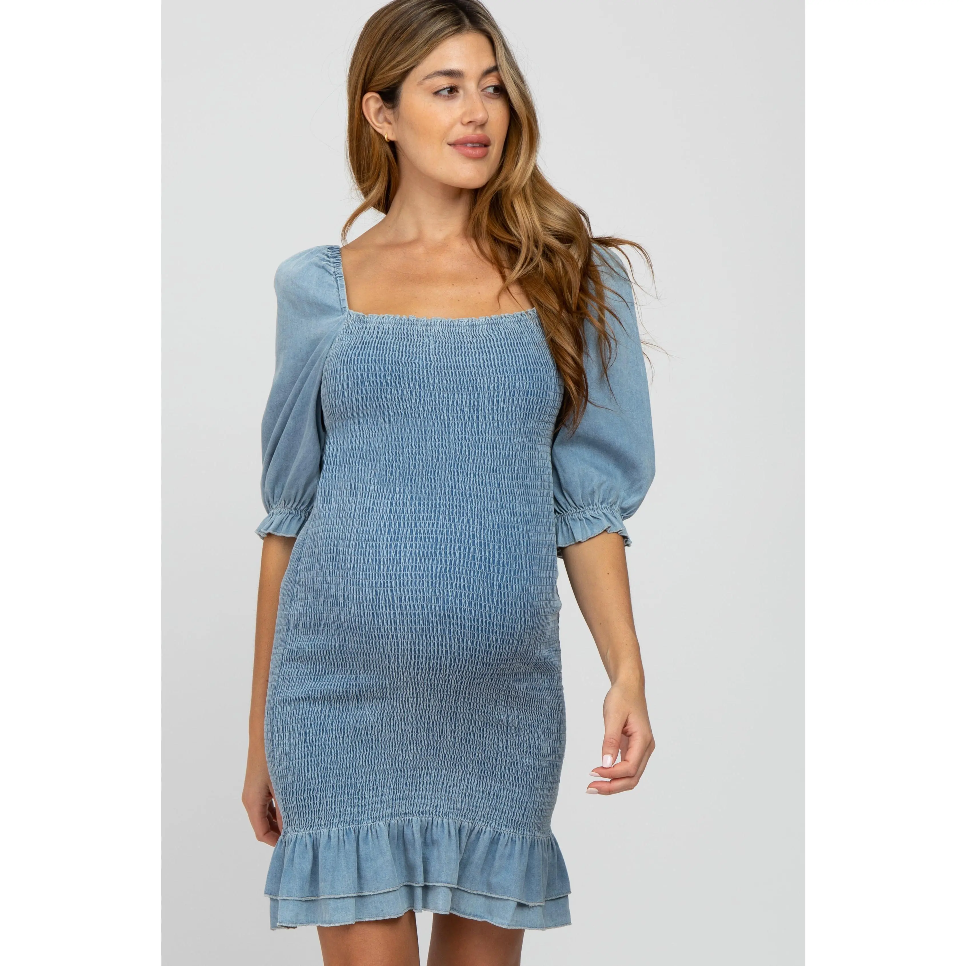 Light Blue Square Neck Smocked Denim Maternity Dress, Maternity Clothing, Pregnancy Outfits
