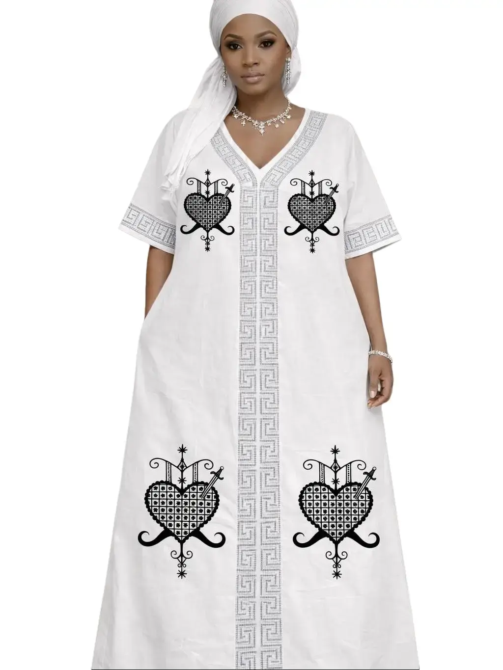 Rad Vèvè Veve Elegance Signature Dress - One Size Kaftan Style with Multiple Veve Prints & Silver Embroidery for Special Occasions