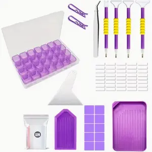 46PCS Tool Set Diamond Painting Tool Set Funnel Point Drill Inventory Drill Pen Clay Purple 28 Grid Storage Box Accessories Accessories