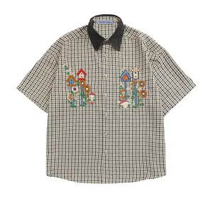 Aelfric Eden Plaid Embroidery Men's Oversized Short Sleeve Shirt Button Down Casual Summer Top Streetwear Breathable Woven