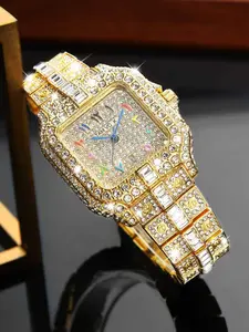 A unisex, affordable luxury watch featuring a full diamond strap and a square dial entirely set with diamonds, with unique numeric hour markers. A stylish accessory perfect for everyday wear, special occasions, or as a gift. Trendy Wristwatch