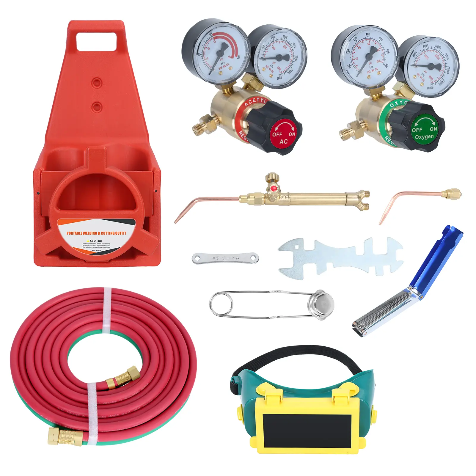 Oxy-Acetylene Brazing Welding Torch Gas Welding Kit, Tools & Hardware Accessory with Oxy CGA540 Regulator, Acetylene CGA200 Regulator, Gauges, Welding Hose, Welding Goggles, Gas Welding Kits
