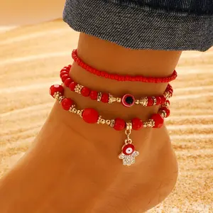 3PCS Bohemian Handmade Colorful Beaded Anklet Chains Set Vintage Charm Eye Pendant Elastic Ankle Chain Ethnic Vacation Travel Beach Anklet Bracelet Jewelry Set