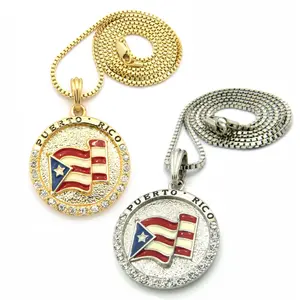 Puerto Rico Flag Medal Charm Pendant & 2mm 18" 20" 24" Box Chain Hip Hop Necklace Jewelry Unisex Men Women