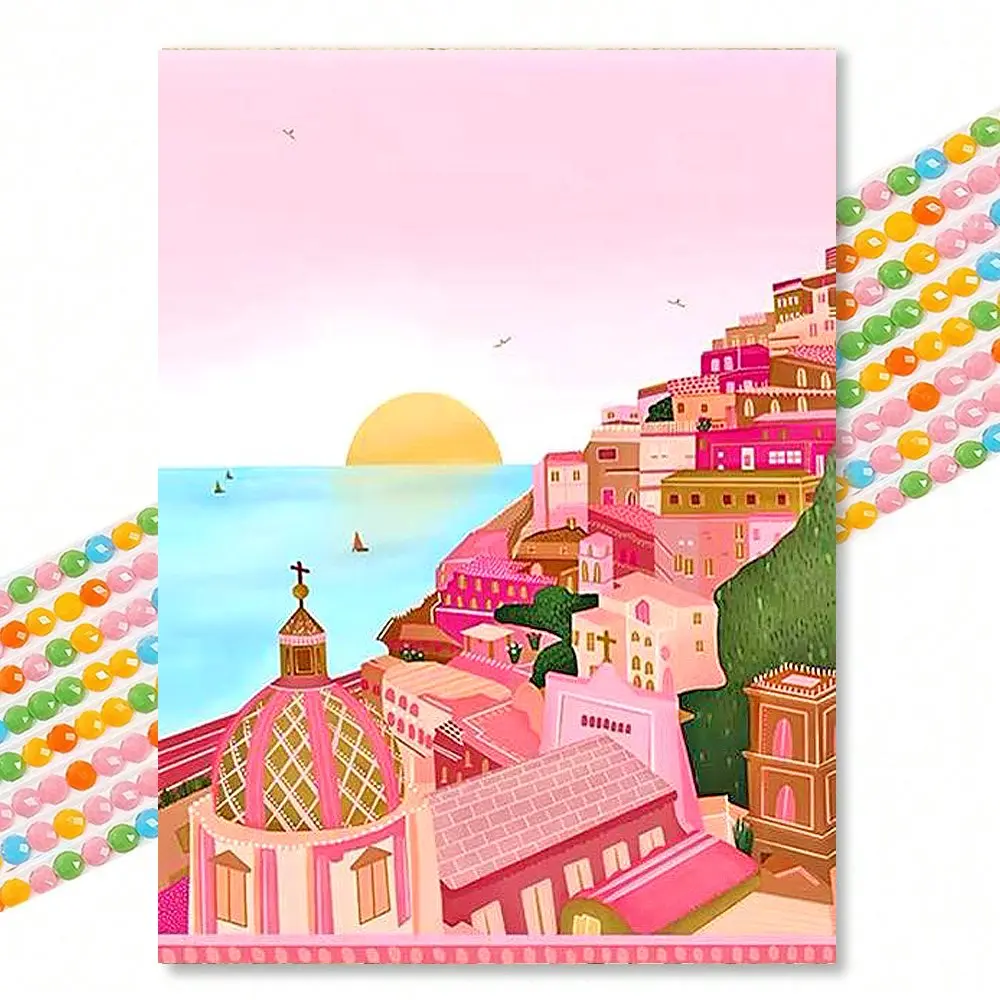 Italian Town Beach Diamond Painting, Fresh Healing Round Drill 30x40cm, Girl Heart Bedroom Decor, Cross Stitch Kit, DIY Supplies Type, Diamond Painting Kits, Crafts