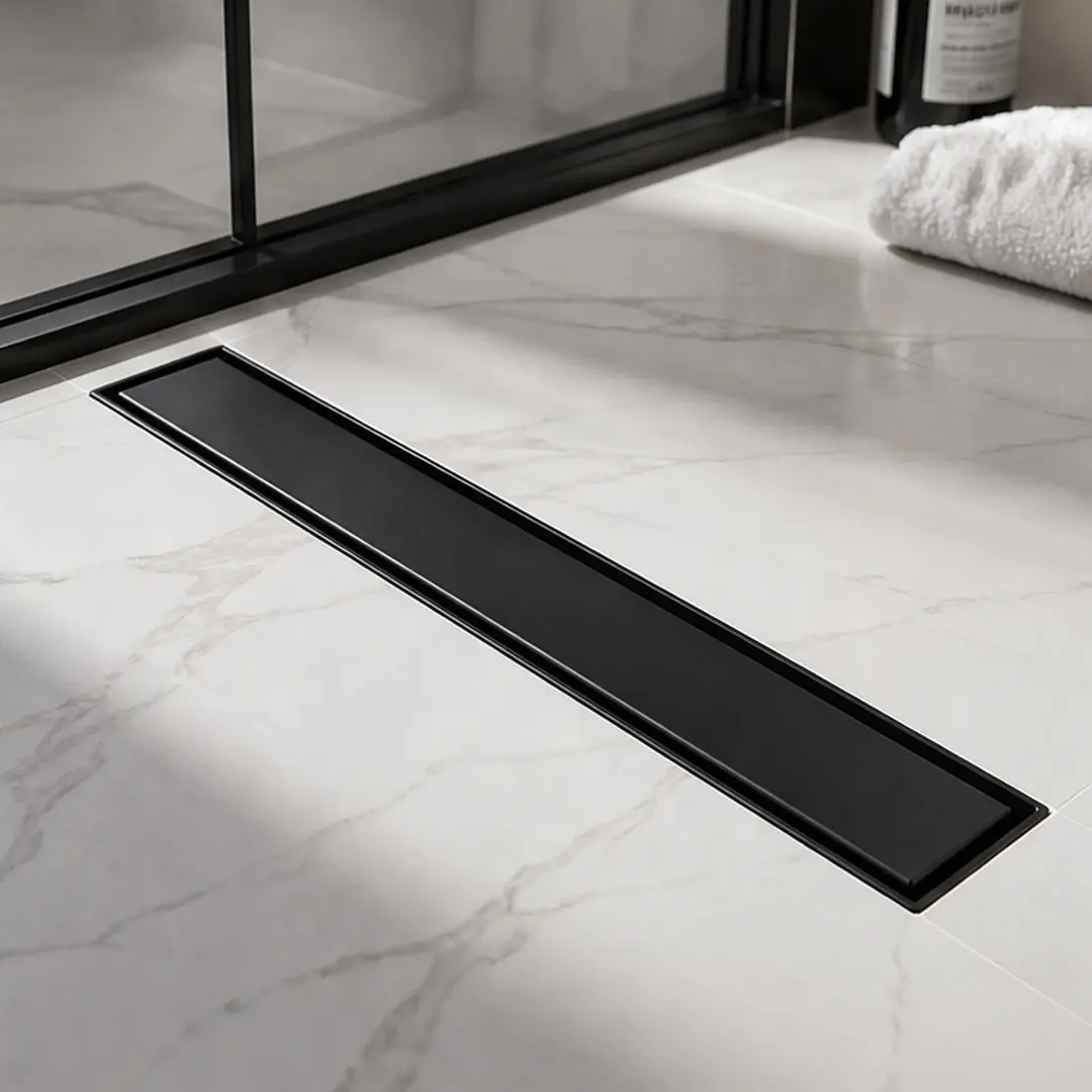 24 Inch Offset Linear Shower Drain with Reversible Flat & Tile Insert Cover, 304 Stainless Steel Matte Black Shower Floor Drain with Hair Strainer and Leveling Feet for Bathroom Laundry Balcony, Matte Black Color Options, Product Weight: 3.60 lb