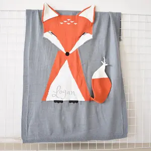 Personalized Knitted 100% Cotton FOX Blanket -Grey